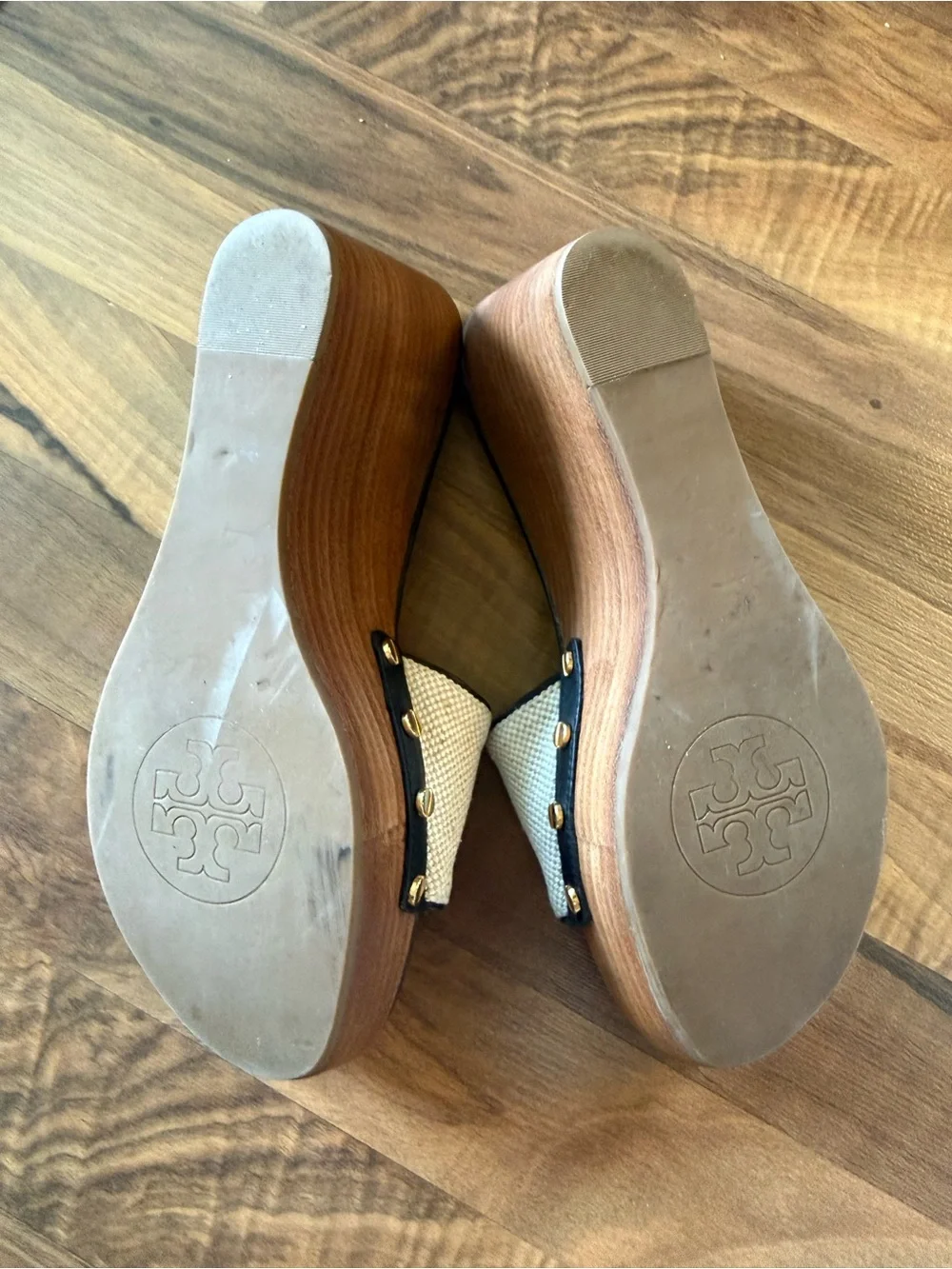 Tory Burch Ines Wedge Slide Sandals - Black & Natural, Size 7.5